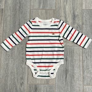Baby GAP green, orange and navy striped onesie in size 12-18 months.